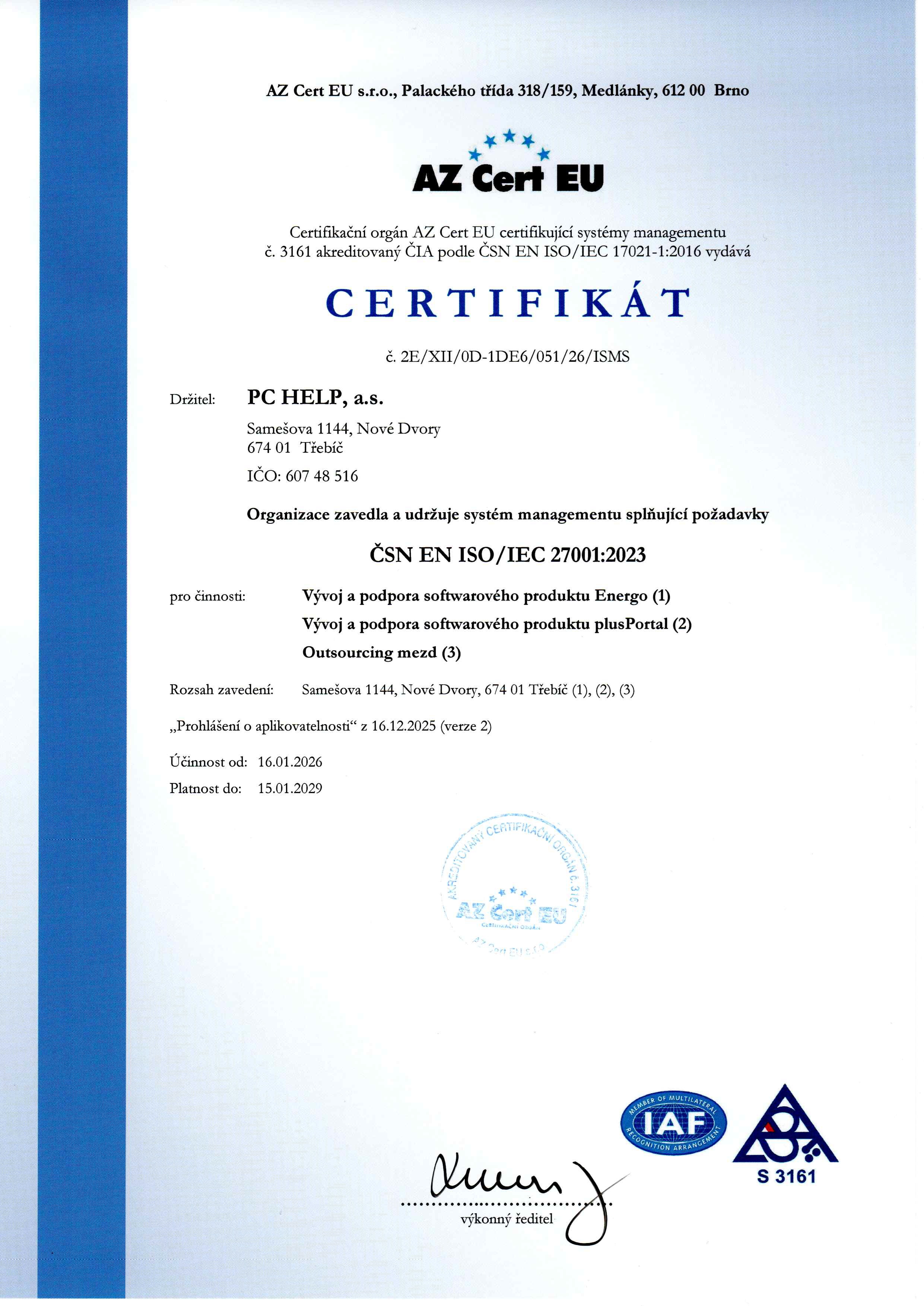 Certifikát ISO/IEC 27001:2023 Certifikát ISO